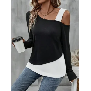 Kadın Tek Omuzu Açık Askılı çift Renkli Uzun Kollu Viskon Bluz