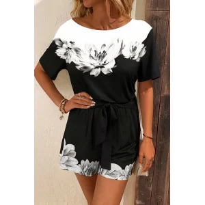 Kadın Tek Omuzu Açık çiçek Desenli Beli Kuşaklı Iki Iplik Mini Short Tulum