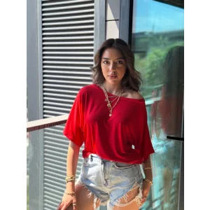 Kadın Tek Omuzu Açık Kısa Kollu Salaş Viskon Bluz