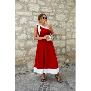 Kadın Tek Omuzu Açık Omuzlardan Kurdela Detaylı çift Renkli Ithal Krep Elbise