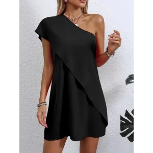 Kadın Tek Omuzu Açık önü Asimetrik Kesim Detaylı Sandy Elbise