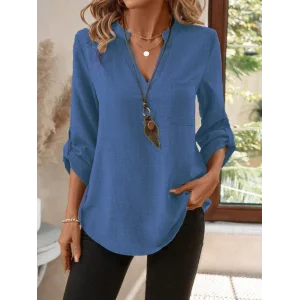 Kadın Truvakar Kol V Yakalı Keten Bluz