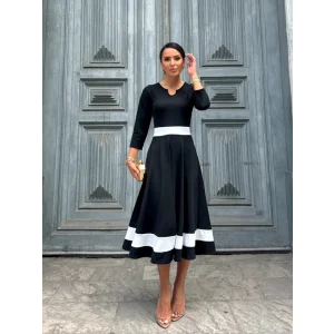 Kadın Truvakarkol Yakası Açık Blok Renkli Krep Midi Elbise