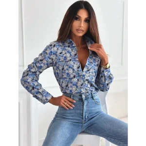 Kadın Uzun Kol Cep Detay çiçek Baskılı Mosskrep Kumaş Gömlek