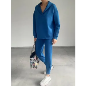 Kadın Uzun Kol V Yaka Kapüşon Detay Sweat Ve Yüksel Bel Eşofman Ikili Takım