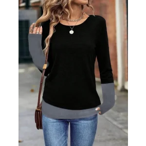 Kadın Uzun Kollu Açık Yuvarlak Yaka Blok Renkli Viskon Bluz
