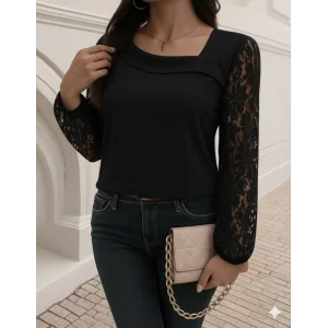 Kadın Uzun Kollu Asimetrik Yakalı Dantelli Ithal Krep Bluz