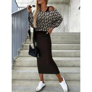 Kadın Uzun Kollu Askılı Yuvarlak Yakalı Yırtmaçlı Dalgıç Elbise Ile Yakalı Yunan Desenli Bluz Ikili Takım