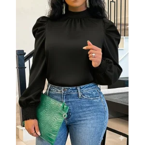 Kadın Uzun Kollu Balıkçı Yaka Arkadan Bağlamalı Omuzlardan Balon Ithal Krep Bluz