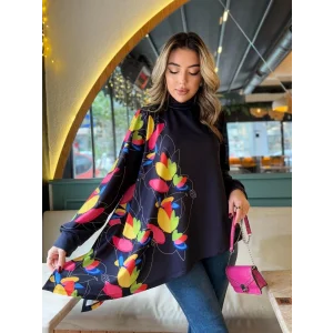 Kadın Uzun Kollu Balıkçı Yaka Asimetrik Kesim Dalgıç Kumaş Bluz