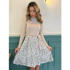 Kadın Uzun Kollu Balıkçı Yaka Belden Bağlamalı üst Kaşkorse Eteği Dalgıç Kısa Elbise