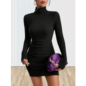 Kadın Uzun Kollu Balıkçı Yaka Kısa şardonlu Kaşkorse Elbise