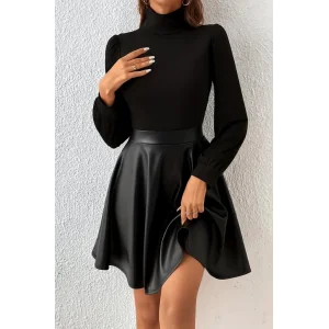 Kadın Uzun Kollu Balıkçı Yaka üst Kaşkorse Alt Deri Detaylı Mini Elbise