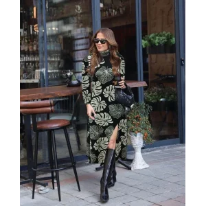 Kadın Uzun Kollu Balıkçı Yaka Yırtmaçlı Krep Elbise