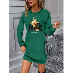 Kadın Uzun Kollu Bisiklet Yaka Ayı Desenli Viskon Iki Iplik Elbise