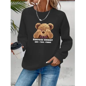 Kadın Uzun Kollu Bisiklet Yaka Ayıcık Desenli Viskon Iki Iplik Bluz