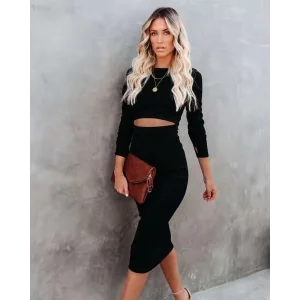 Kadın Uzun Kollu Bisiklet Yaka Bel Dekolteli Krep Midi Boy Elbise