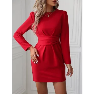 Kadın Uzun Kollu Bisiklet Yaka Bel Kemer Detay Ithal Krep Elbise