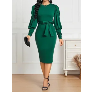 Kadın Uzun Kollu Bisiklet Yaka Beli Kuşaklı Ithal Krep Midi Elbise