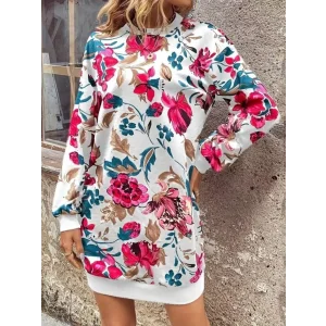Kadın Uzun Kollu Bisiklet Yaka çiçek Baskılı şardonlu Dalgıç Elbise