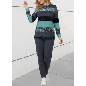 Kadın Uzun Kollu Bisiklet Yaka çizgili Desen Iki Iplik Bluz Ve Pantolon Ikili Takım