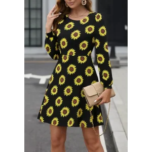 Kadın Uzun Kollu Bisiklet Yaka Desenli Kısa Krep Elbise