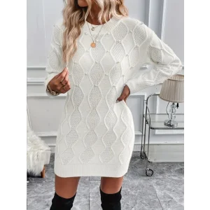 Kadın Uzun Kollu Bisiklet Yaka Desenli Triko Elbise