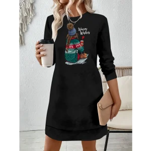 Kadın Uzun Kollu Bisiklet Yaka Desenli Viskon Iki Iplik Elbise