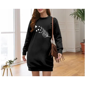 Kadın Uzun Kollu Bisiklet Yaka Desenli Viskon Iki Iplik Elbise