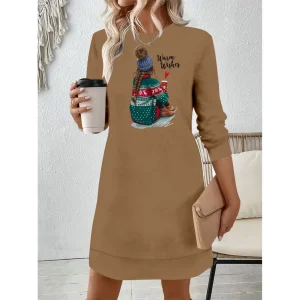 Kadın Uzun Kollu Bisiklet Yaka Desenli Viskon Iki Iplik Elbise