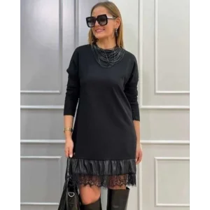 Kadın Uzun Kollu Bisiklet Yaka Etek Ucu Deri Dantelli Viskon Iki Iplik Midi Elbise