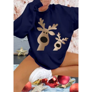 Kadın Uzun Kollu Bisiklet Yaka Geyik Desenli Viskon Iki Iplik Bluz