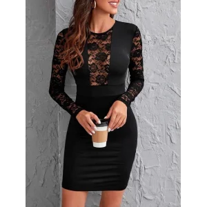 Kadın Uzun Kollu Bisiklet Yaka Kol Vegöğüs Tül Detay Krep Elbise