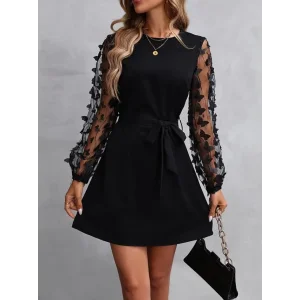 Kadın Uzun Kollu Bisiklet Yaka Kollar Tül Kelebek Detaylı Ithal Krep Elbise