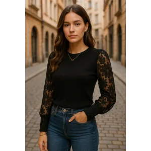 Kadın Uzun Kollu Bisiklet Yaka Kolları çiçekli Waffle Bluz