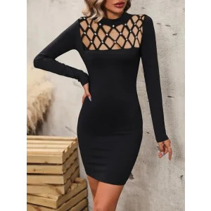 Kadın Uzun Kollu Bisiklet Yaka Lazer Kesim Inci Detay Viskon Iki Iplik Mini Boy Elbise