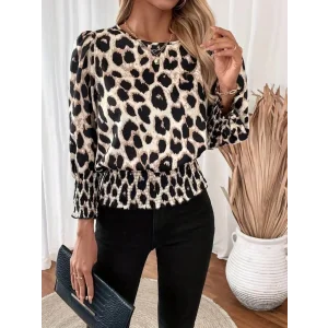 Kadın Uzun Kollu Bisiklet Yaka Leopar Desenli Modal Bluz