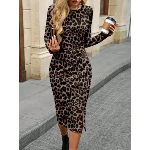 Kadın Uzun Kollu Bisiklet Yaka Leopar Desenli Modal Midi Elbise