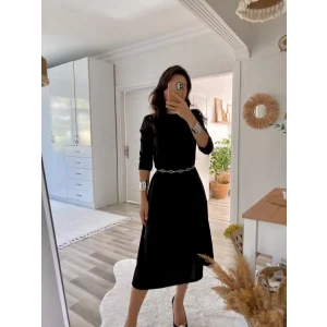 Kadın Uzun Kollu Bisiklet Yaka Midi Ithal Krep Elbise