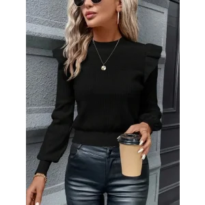 Kadın Uzun Kollu Bisiklet Yaka Omuzları Fırfırlı Triko Bluz