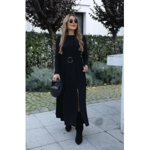 Kadın Uzun Kollu Bisiklet Yaka önden Halka Detaylı Yırtmaçlı Uzun Viskon Iki Iplik Elbise