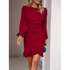 Kadın Uzun Kollu Bisiklet Yaka önden Volanlı Ithal Krep Elbise