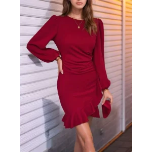 Kadın Uzun Kollu Bisiklet Yaka önden Volanlı Ithal Krep Elbise