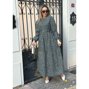 Kadın Uzun Kollu Bisiklet Yaka Papatya Desen Kuşak Dahil Maxi Boy Elbise