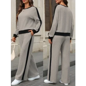 Kadın Uzun Kollu Bisiklet Yaka şardonlu Kaşkorse Bluz Ve Pantolon Ikili Takım