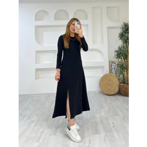 Kadın Uzun Kollu Bisiklet Yaka Size Kadar Yırtmaç Detay Maxi Boy Elbise