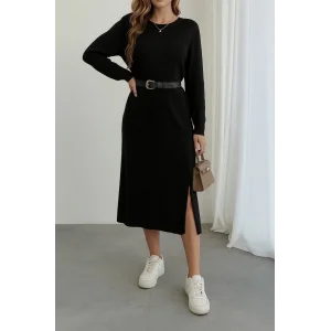 Kadın Uzun Kollu Bisiklet Yaka Yandan Yırtmaçlı Midi Triko Elbise