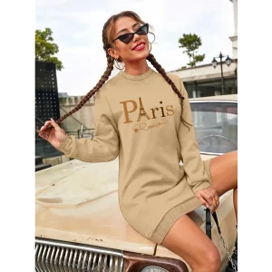 Kadın Uzun Kollu Bisiklet Yaka Yazılı Kısa Viskon Iki Iplik Elbise