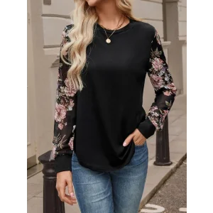 Kadın Uzun Kollu Bisiklet Yakalı Kolun çiçek Desenli Viskon Iki Iplik Bluz