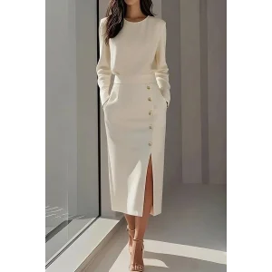 Kadın Uzun Kollu Bisiklet Yakalı Yandan Yırtmaçlı Düğmeli Midi Ithal Krep Elbise